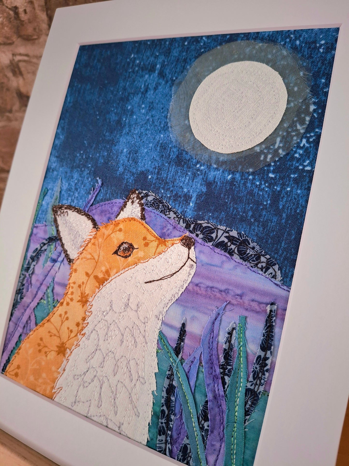 Artistic depiction of a fox under a moonlit sky with purple foliage.