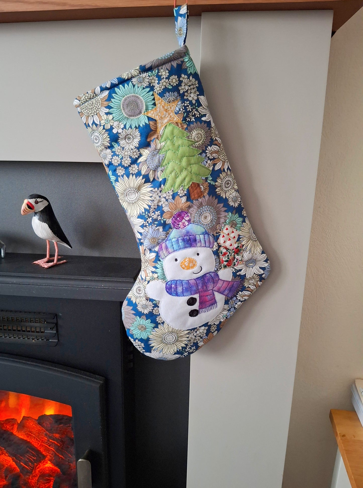Blue Floral Snowman Stocking