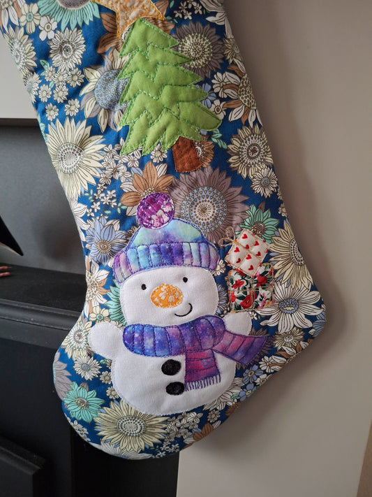 Blue Floral Snowman Stocking